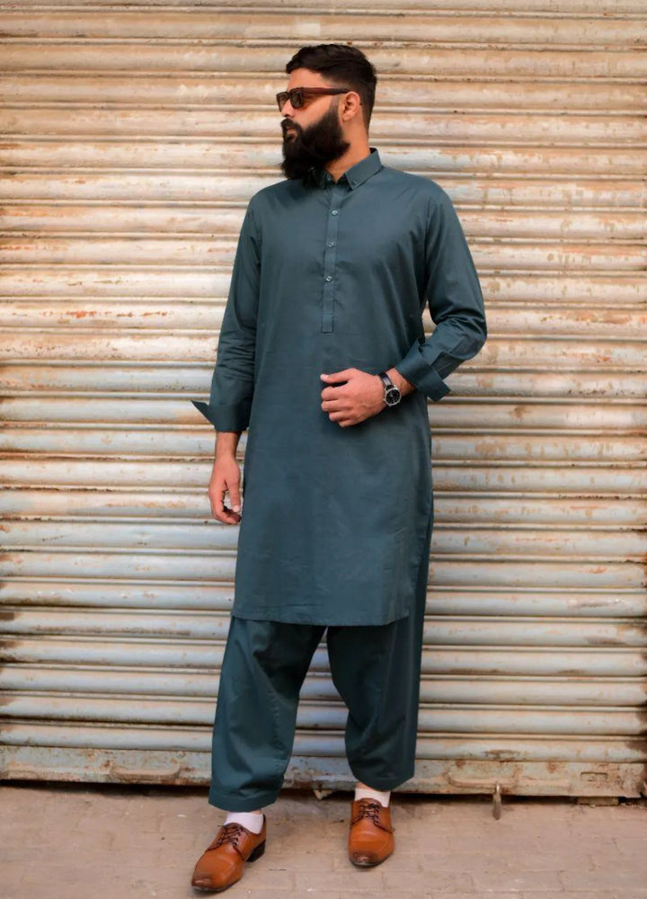Ethnic Wear by Alif Yay Plain Cotton Suit 2 Piece Green Kameez Shalwar - Mens Collection