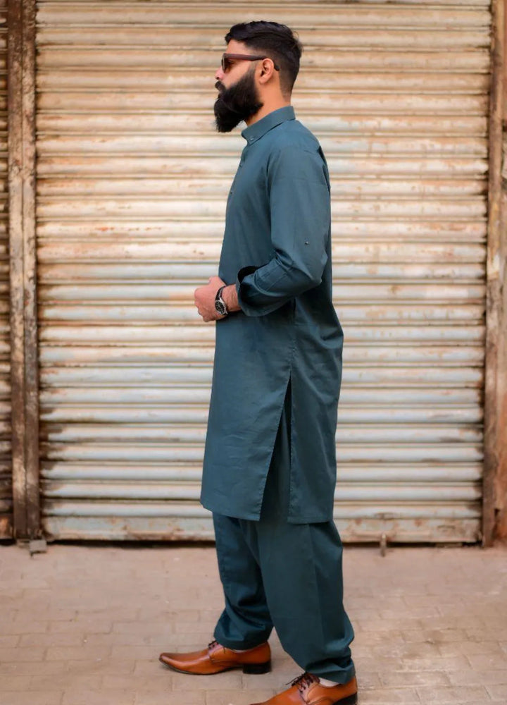 Ethnic Wear by Alif Yay Plain Cotton Suit 2 Piece Green Kameez Shalwar - Mens Collection