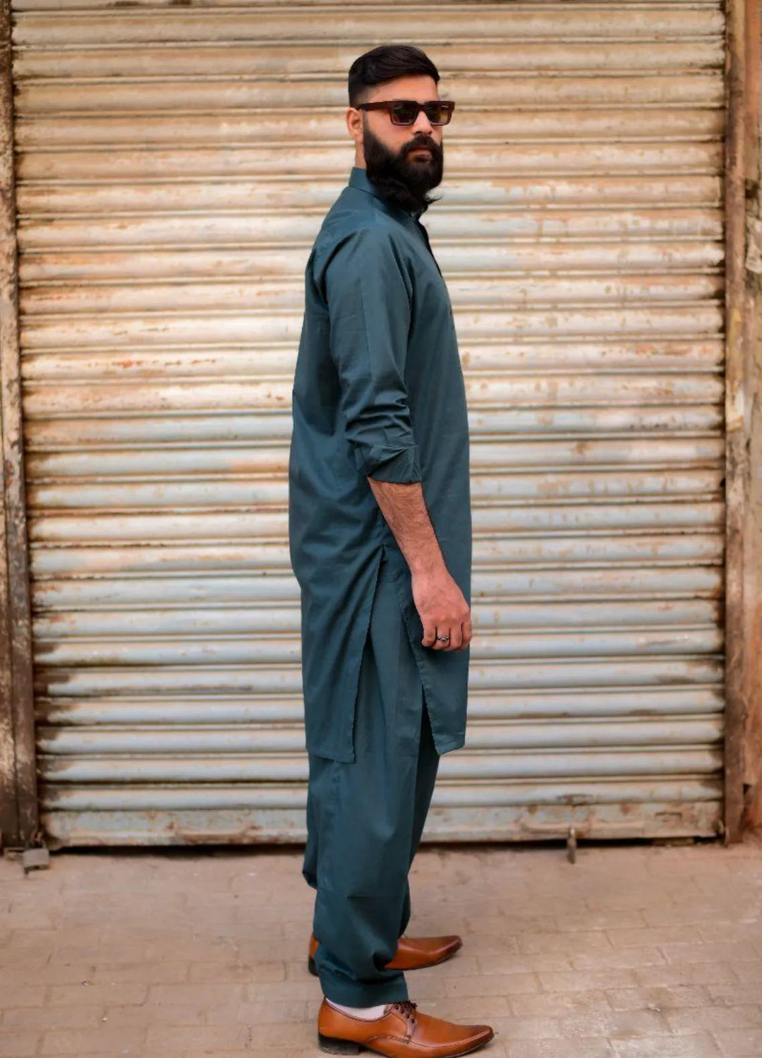 Ethnic Wear by Alif Yay Plain Cotton Suit 2 Piece Green Kameez Shalwar - Mens Collection