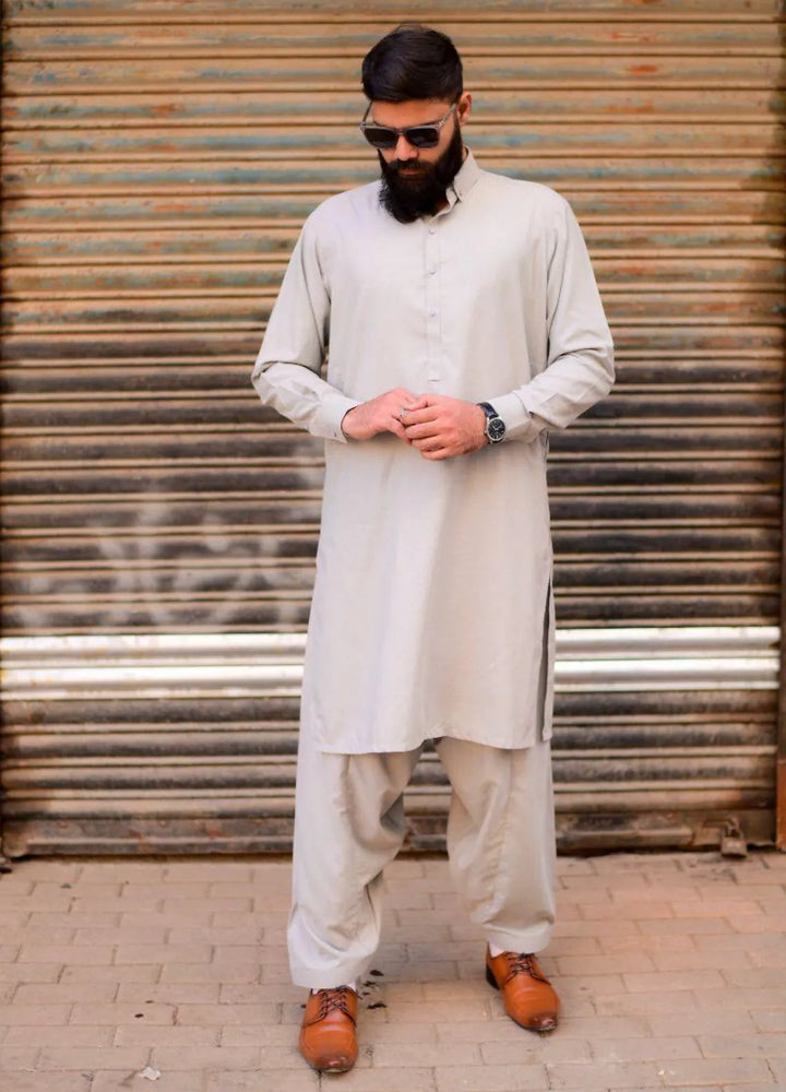 Ethnic Wear by Alif Yay Plain Cotton Suit 2 Piece Grey Kameez Shalwar - Mens Collection