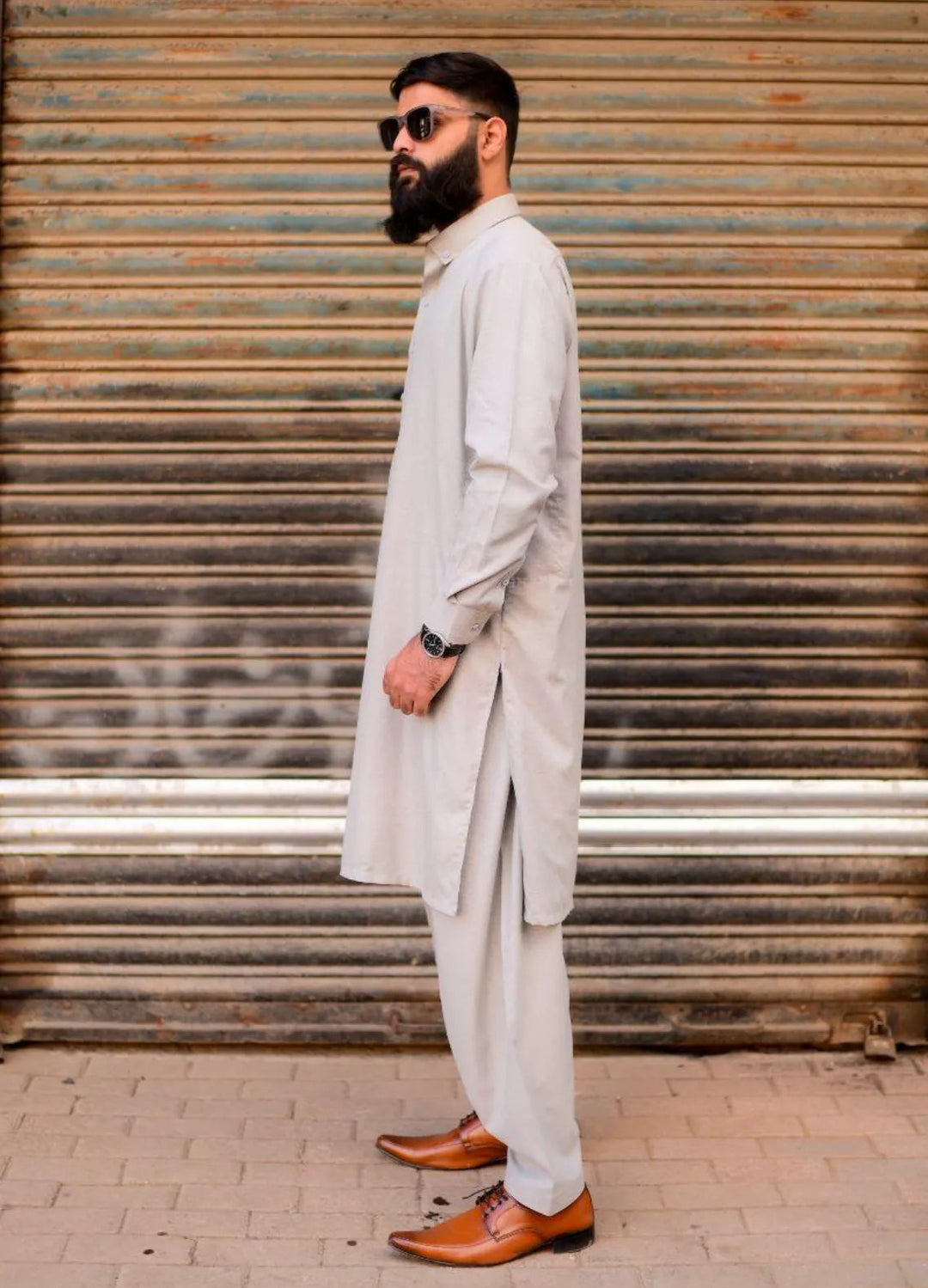 Ethnic Wear by Alif Yay Plain Cotton Suit 2 Piece Grey Kameez Shalwar - Mens Collection