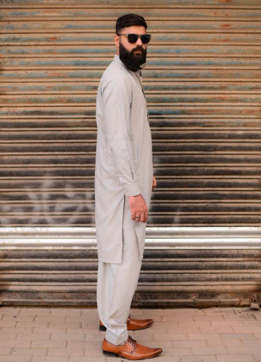 Ethnic Wear by Alif Yay Plain Cotton Suit 2 Piece Grey Kameez Shalwar - Mens Collection