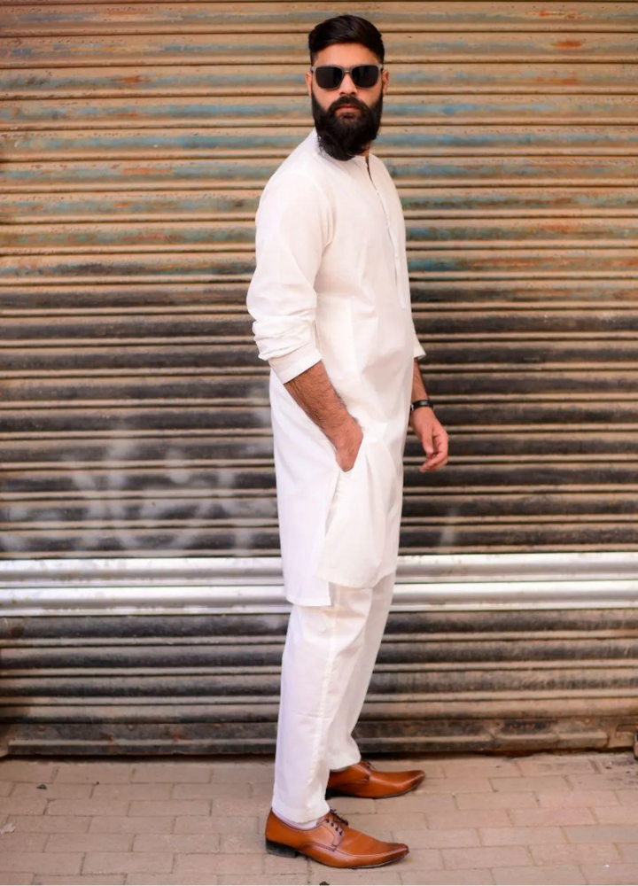 Ethnic Wear by Alif Yay Plain Cotton Suit 2 Piece Offwhite Kurta Pajama - Mens Collection