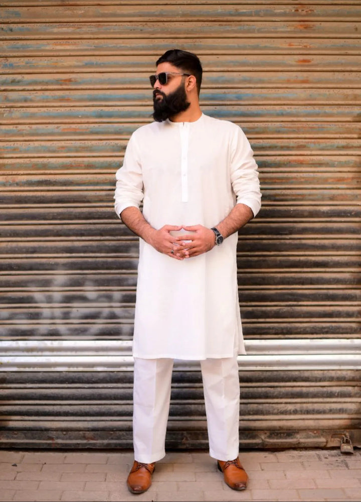 Ethnic Wear by Alif Yay Plain Cotton Suit 2 Piece Offwhite Kurta Pajama - Mens Collection