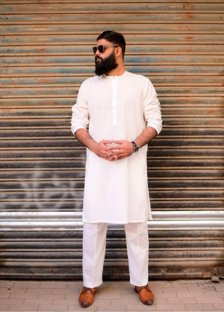 Ethnic Wear by Alif Yay Plain Cotton Suit 2 Piece Offwhite Kurta Pajama - Mens Collection