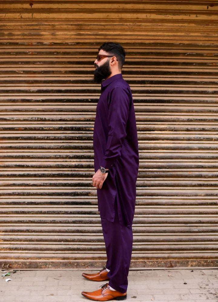 Ethnic Wear by Alif Yay Plain Cotton Suit 2 Piece Purple Kameez Shalwar - Mens Collection