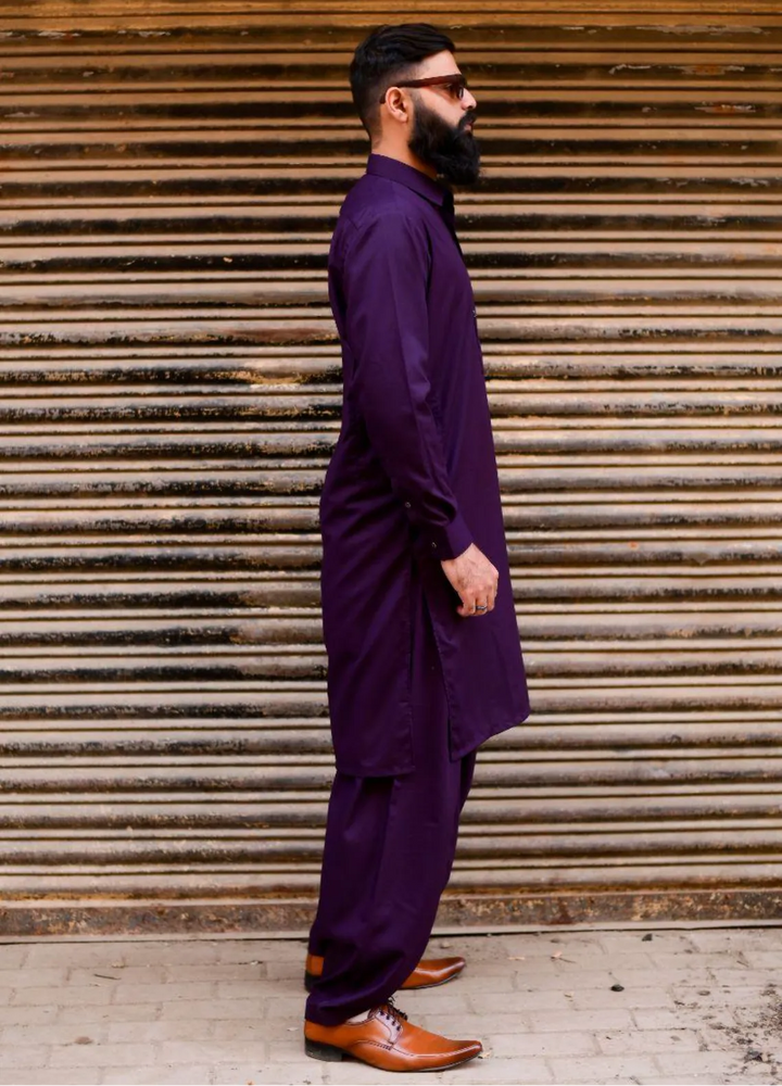 Ethnic Wear by Alif Yay Plain Cotton Suit 2 Piece Purple Kameez Shalwar - Mens Collection