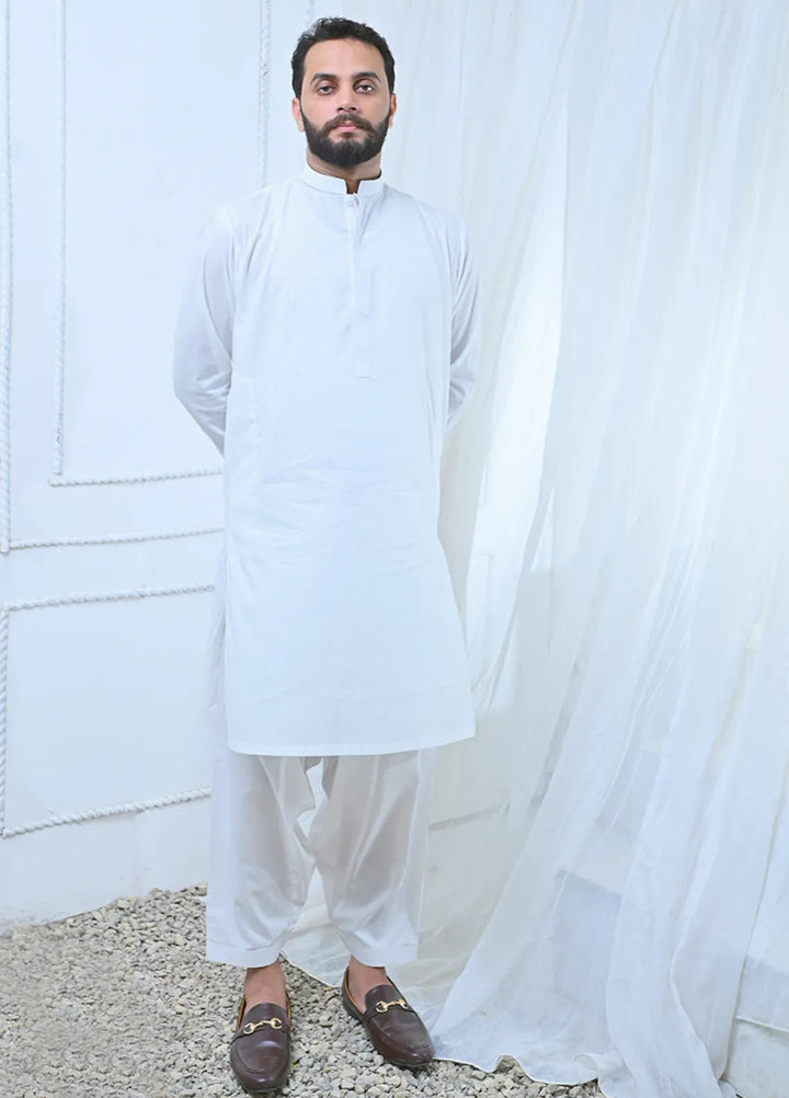 Ethnic Wear by Alif Yay Plain Cotton Suit 2 Piece White Kameez Shalwar - Mens Collection