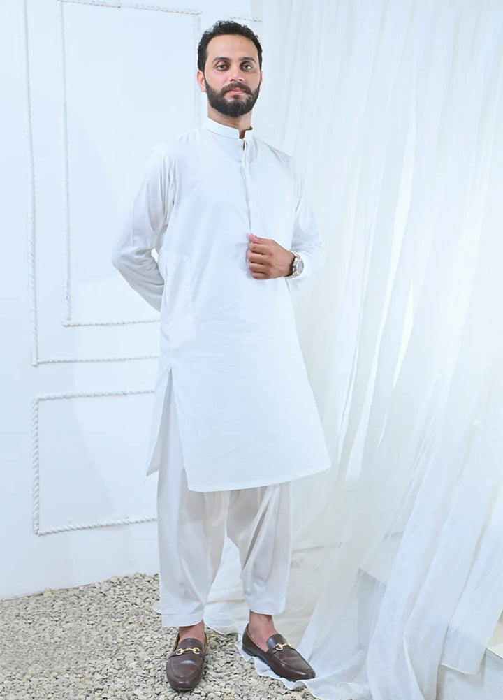 Ethnic Wear by Alif Yay Plain Cotton Suit 2 Piece White Kameez Shalwar - Mens Collection