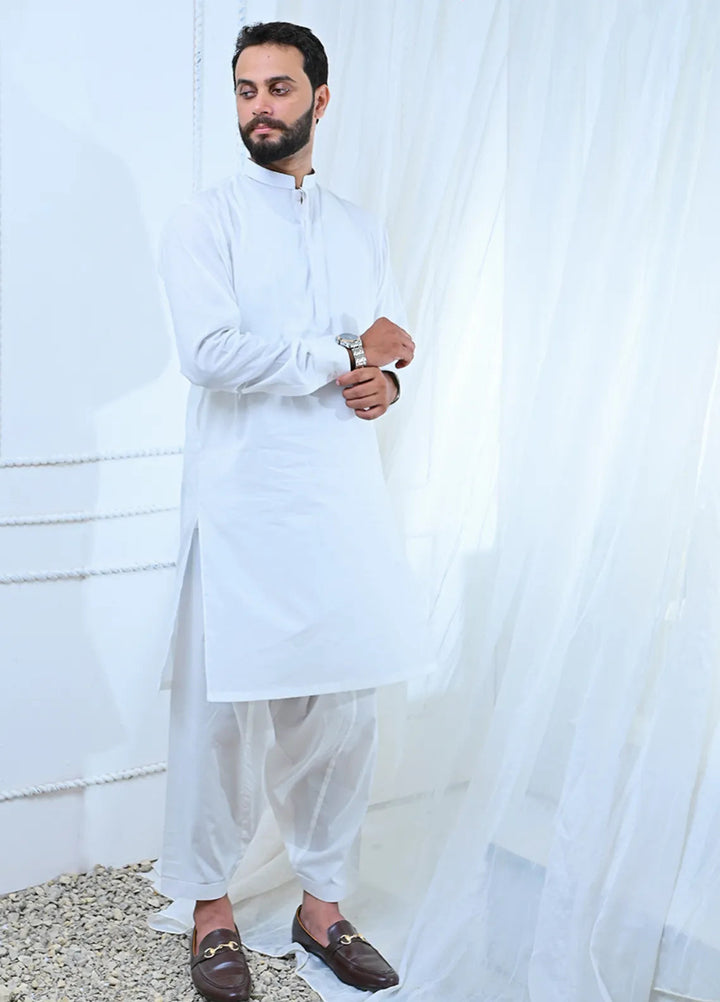 Ethnic Wear by Alif Yay Plain Cotton Suit 2 Piece White Kameez Shalwar - Mens Collection