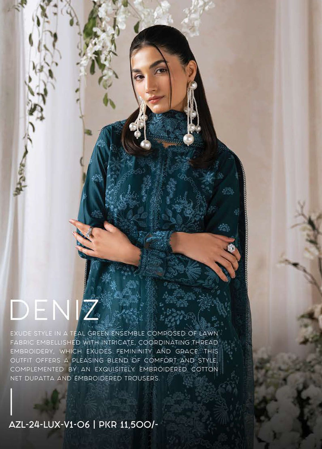 Eudora By Ayzel Embroidered Lawn Suits Unstitched 3 Piece AAF24E D-06 Deniz - Luxury Summer Collection