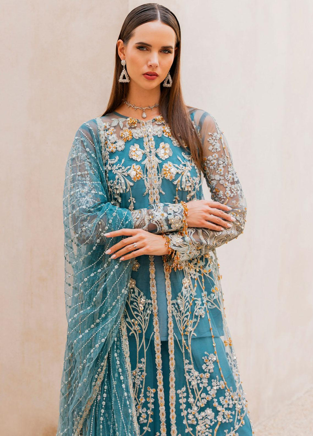 Evara By Elaf Embroidered Net Suits Unstitched 4 Piece EF23EV EEB-07 Seraphim - Wedding Collection