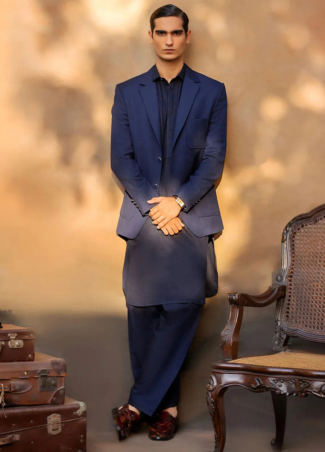 Fais Couture Linen Formal Mens Blazer Kurta Set Mughal Rumi