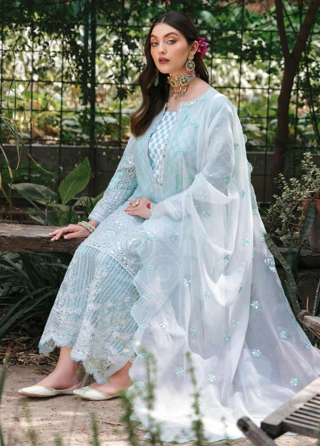 Mehru By Faixa Faixal Embroidered Lawn Suits Unstitched 3 Piece FFX22M E22-01 Aqua - Luxury Collection