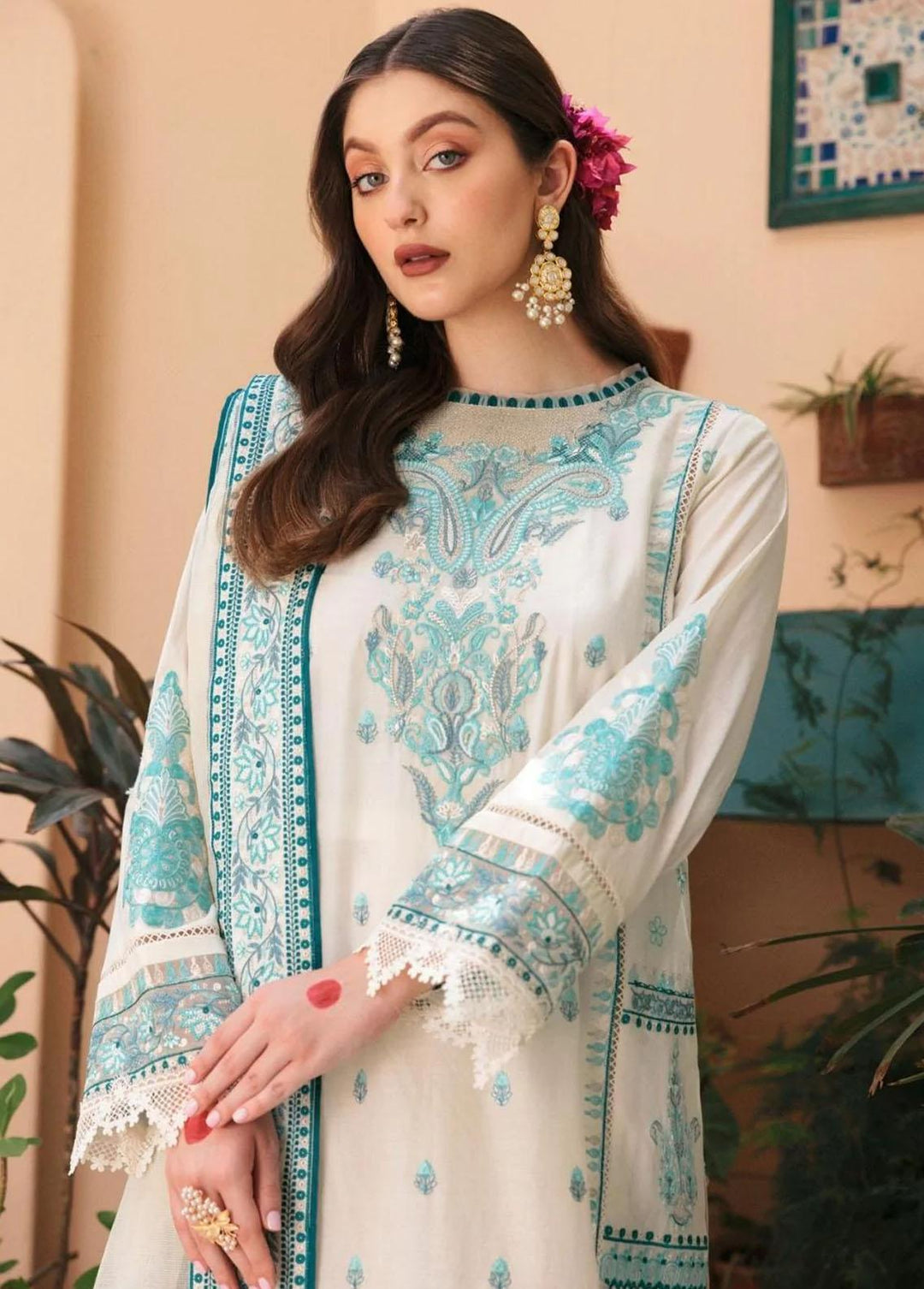 Mehru By Faixa Faixal Embroidered Lawn Suits Unstitched 3 Piece FFX22M E22-09 Off White - Luxury Collection