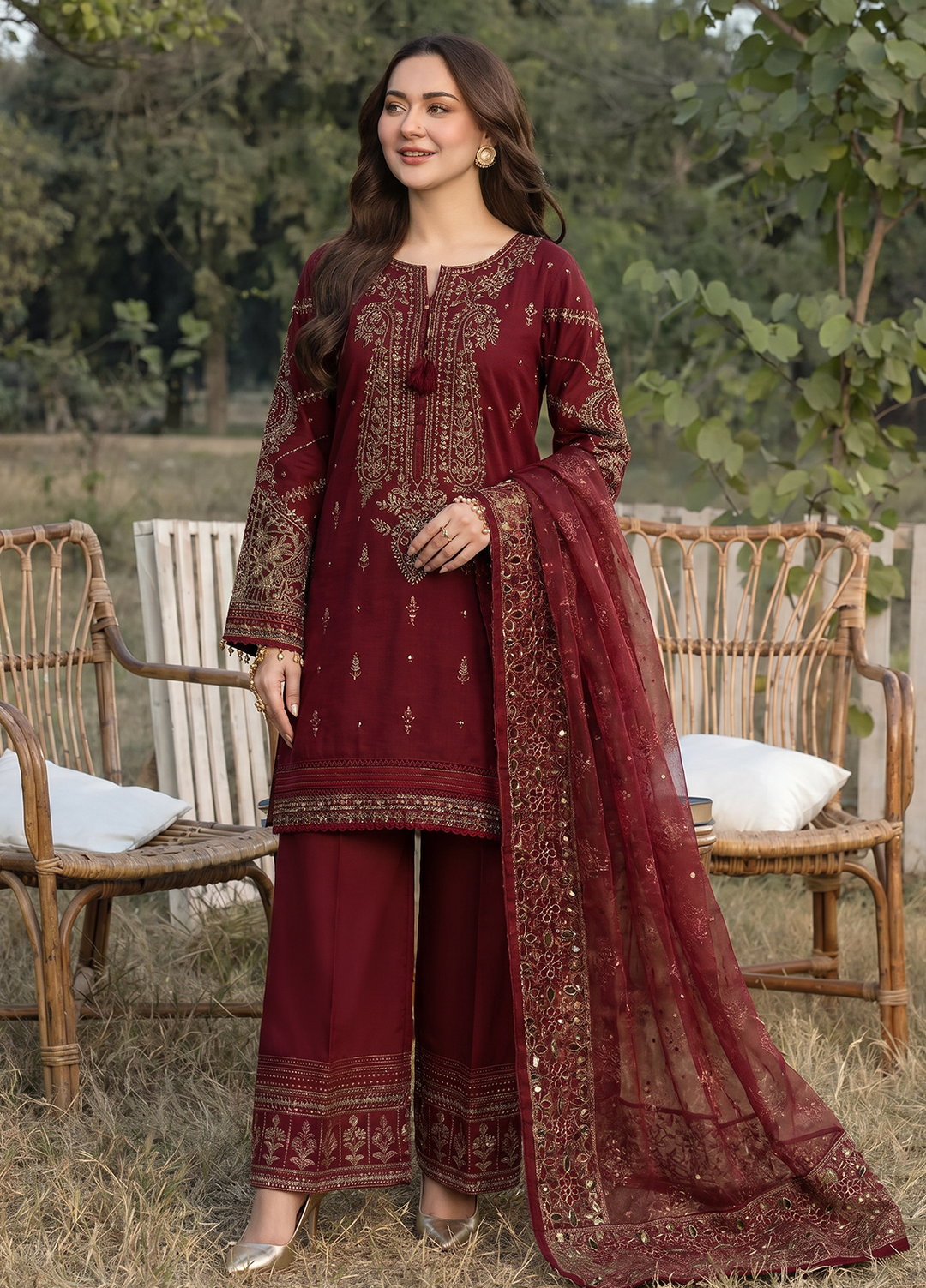 Falsafaa by HZ Textiles RTW Embroidered Organza 3 Piece Suit HZ26ULF HZK-238 Maroon - Festive Collection