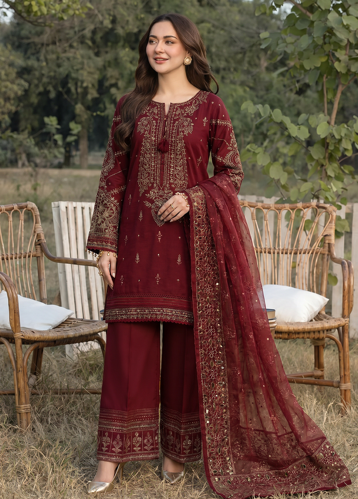 Falsafaa by HZ Textiles RTW Embroidered Organza 3 Piece Suit HZ26ULF HZK-238 Maroon - Festive Collection