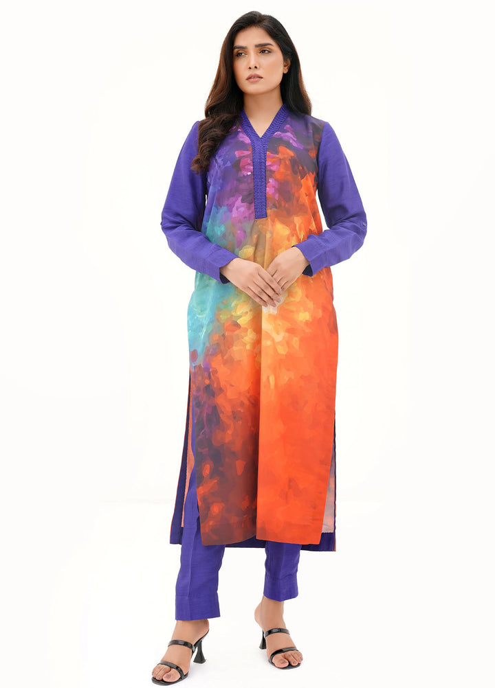 Farah Agha Pret Printed Silk 2 Piece Suit Blaze
