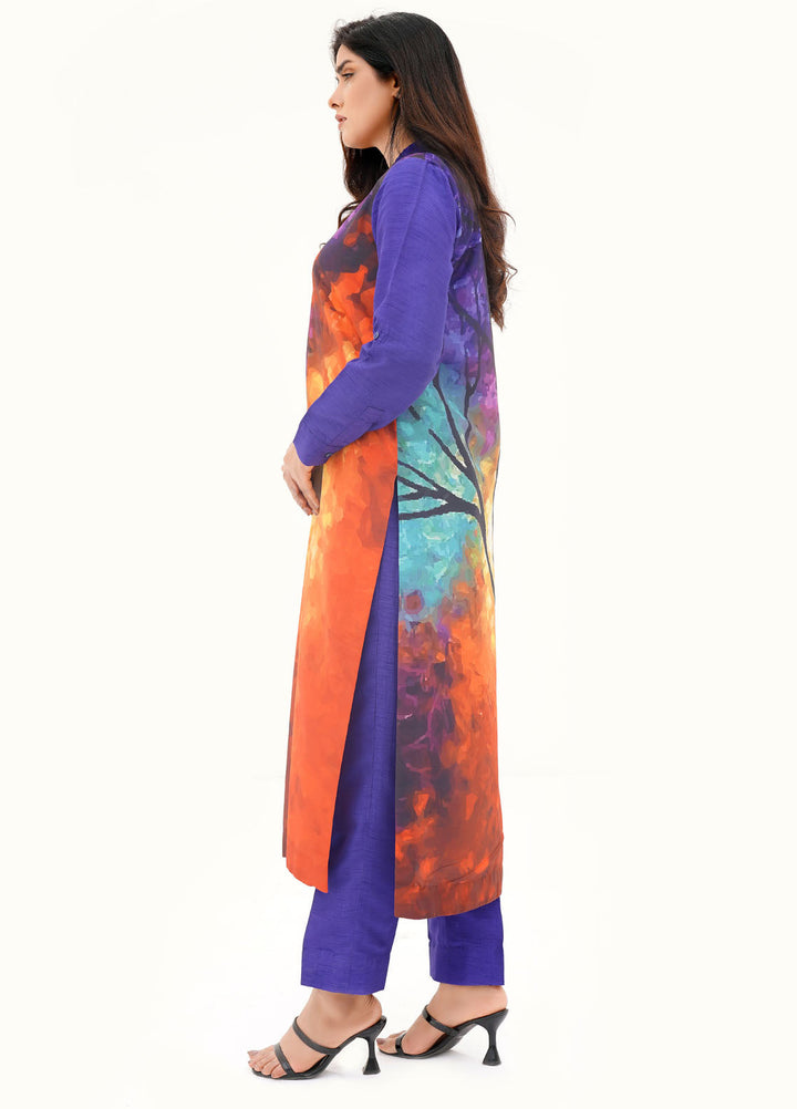 Farah Agha Pret Printed Silk 2 Piece Suit Blaze