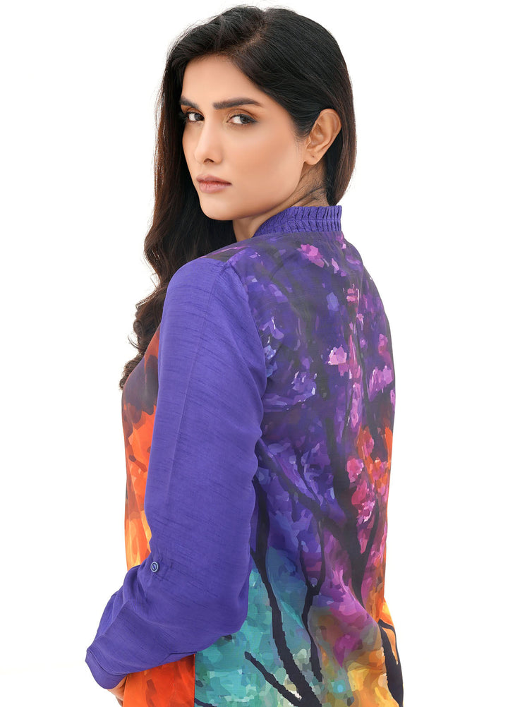 Farah Agha Pret Printed Silk 2 Piece Suit Blaze