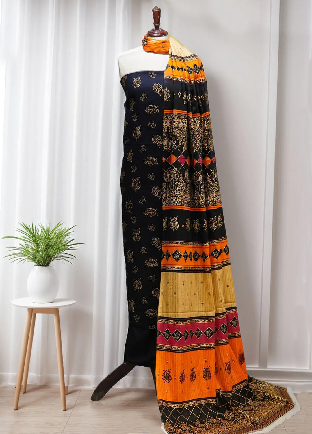 Farah N Faria By Bin Saeed Embroidered Lawn Suit Unstitched 3 Piece BS24F Black - Summer Collection