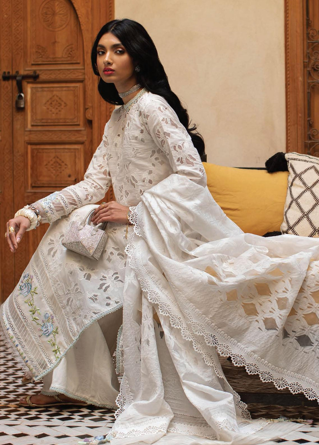 Kesh By Farah Talib Aziz Embroidered Lawn Suits Unstitched 3 Piece FTA23K FTA-06 Ourika Ivory - Luxury Collection