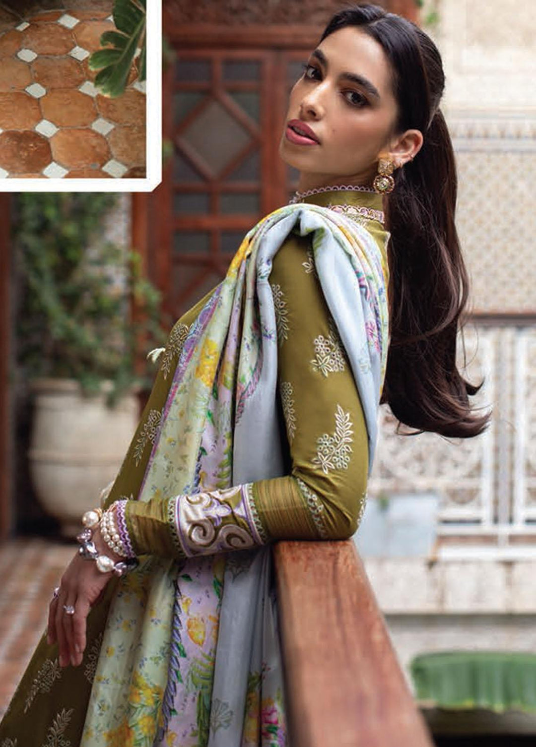 Kesh By Farah Talib Aziz Embroidered Lawn Suits Unstitched 3 Piece FTA23K FTA-09 Asni Olive - Luxury Collection