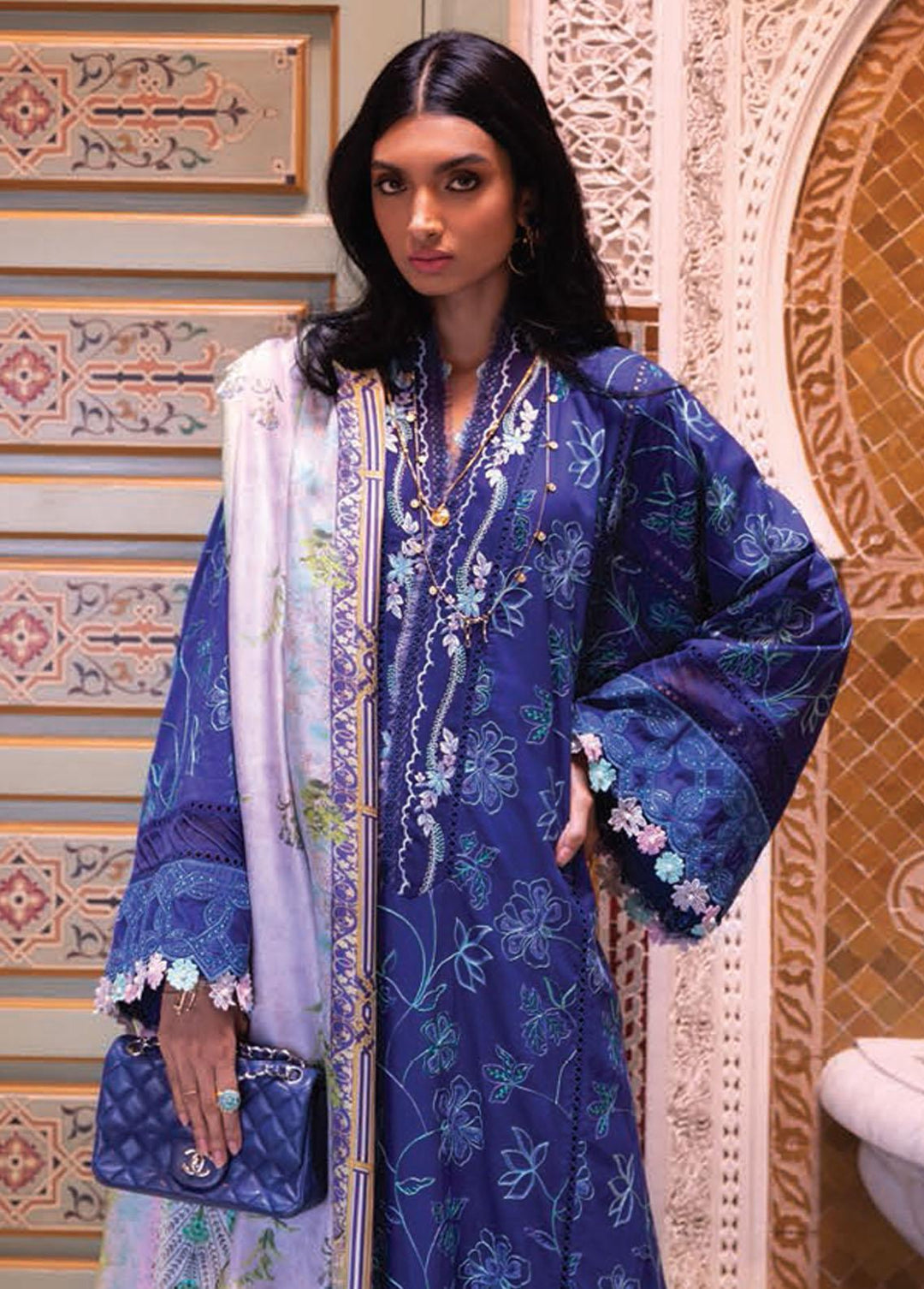 Kesh By Farah Talib Aziz Embroidered Lawn Suits Unstitched 3 Piece FTA23K FTA-11 Jardin Blue - Luxury Collection