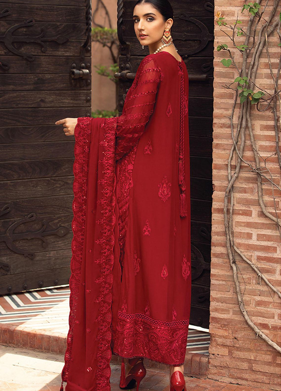 Farasha Embroidered Chiffon Suits Unstitched 3 Piece FSH21C-1 04 CRIMSON - Festive Collection