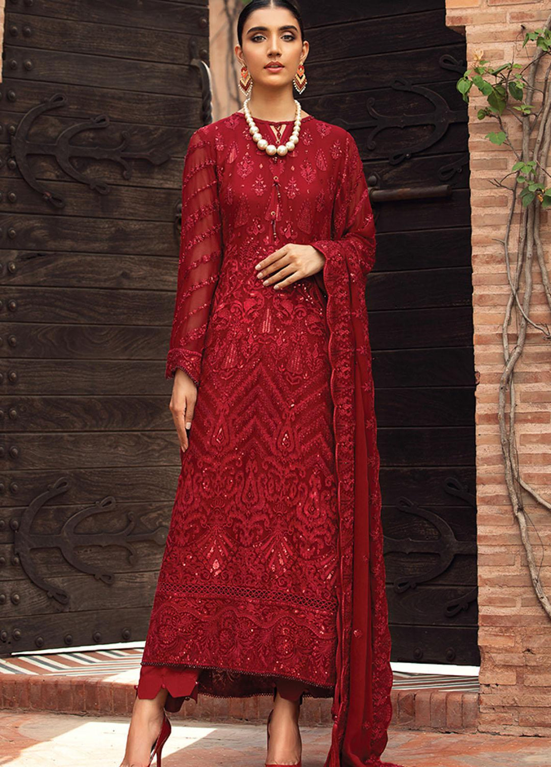 Farasha Embroidered Chiffon Suits Unstitched 3 Piece FSH21C-1 04 CRIMSON - Festive Collection