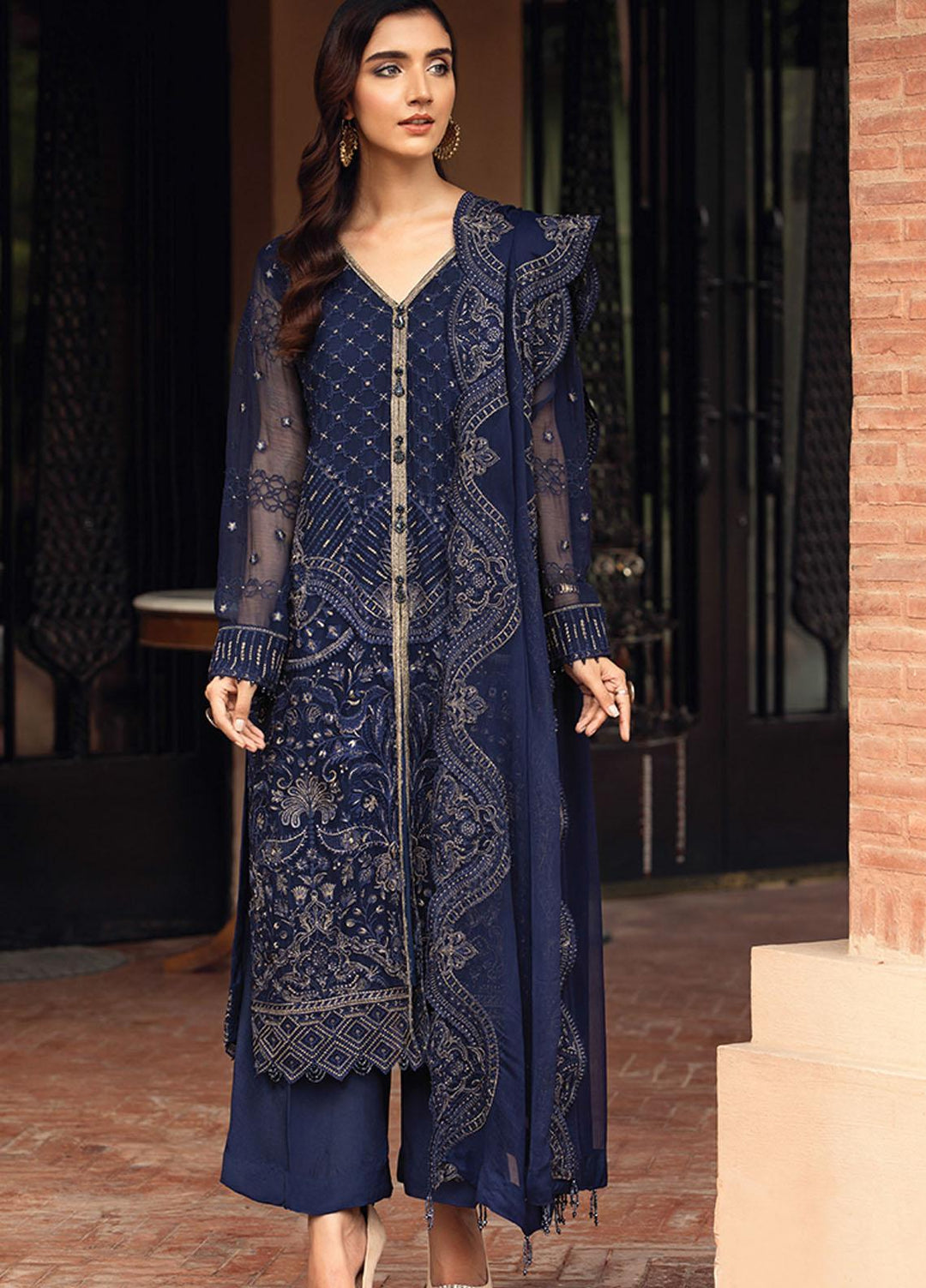 Farasha Embroidered Chiffon Suits Unstitched 3 Piece FSH21C-1 05 PRUSSIAN - Festive Collection