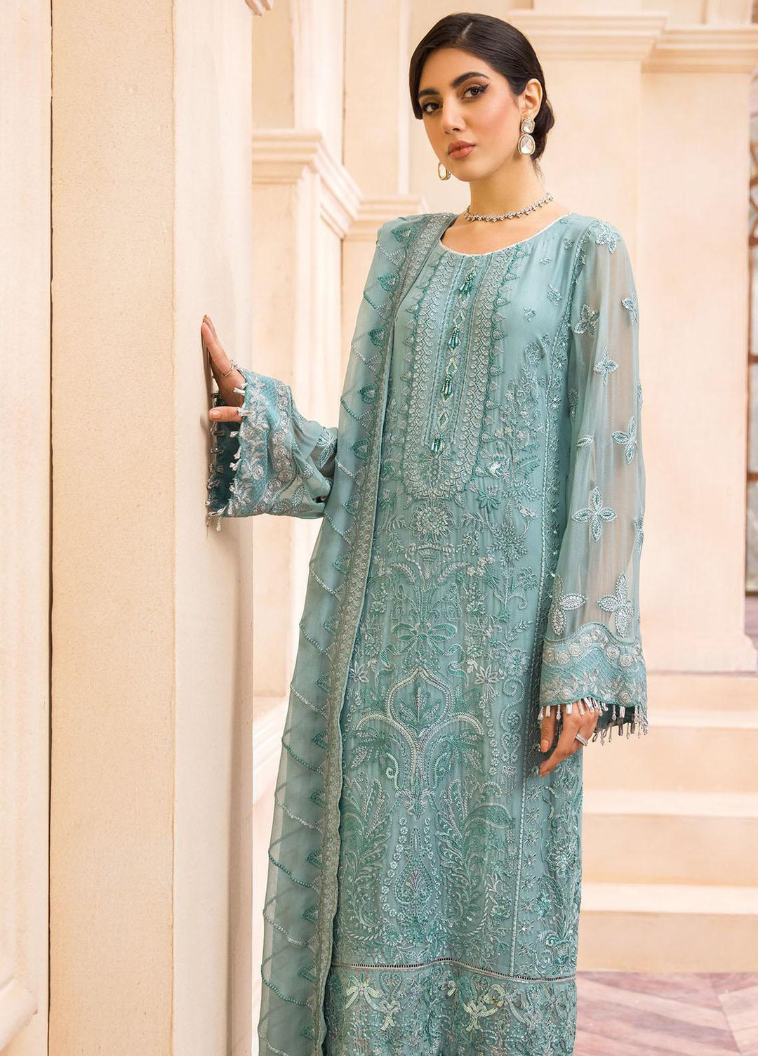 Farasha Embroidered Chiffon Suits Unstitched 3 Piece FSH22C 08 Sea Swirl - Luxury Collection
