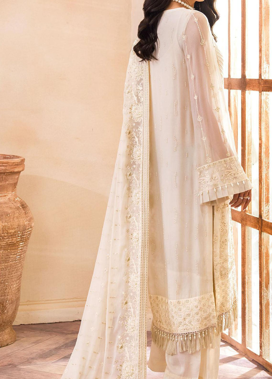 Farasha Embroidered Chiffon Suits Unstitched 3 Piece FSH22C 10 Creme - Luxury Collection
