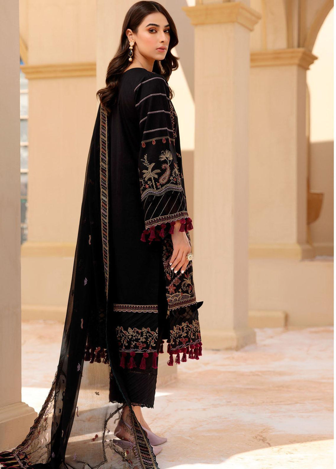 Farasha Embroidered Lawn Suit Unstitched 3 Piece FSH22FL 01 Charcoal - Festive Collection