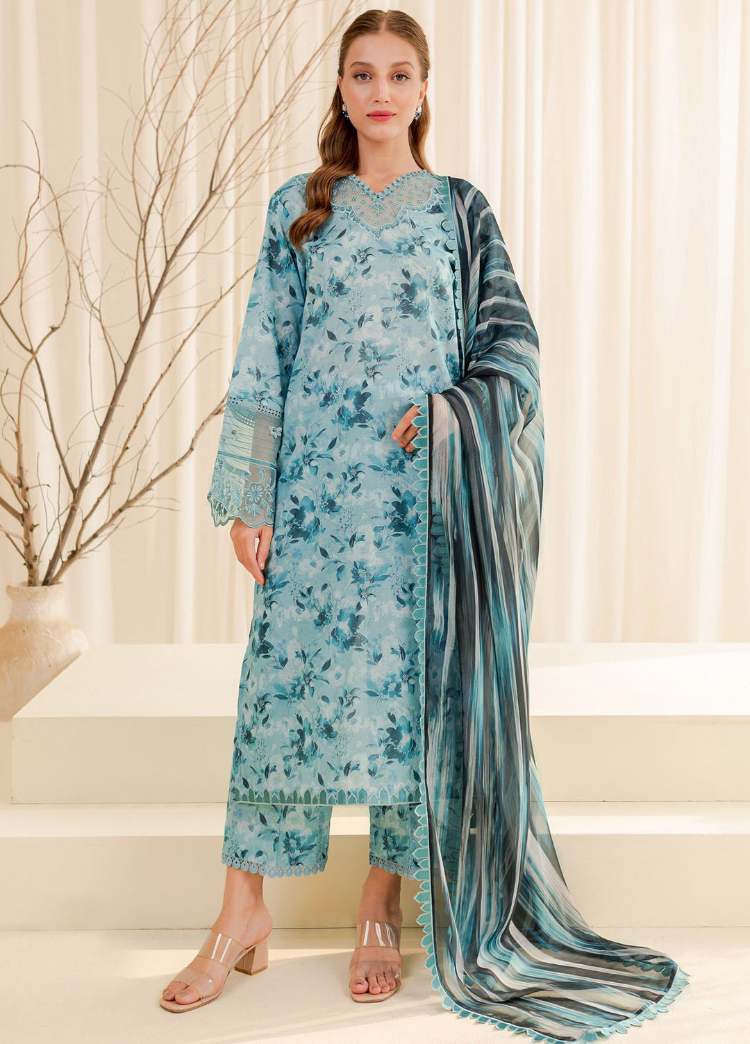 Farasha Embroidered Lawn Suits Unstitched 3 Piece FSH24PE D-01 Aqua Beryl - Summer Collection