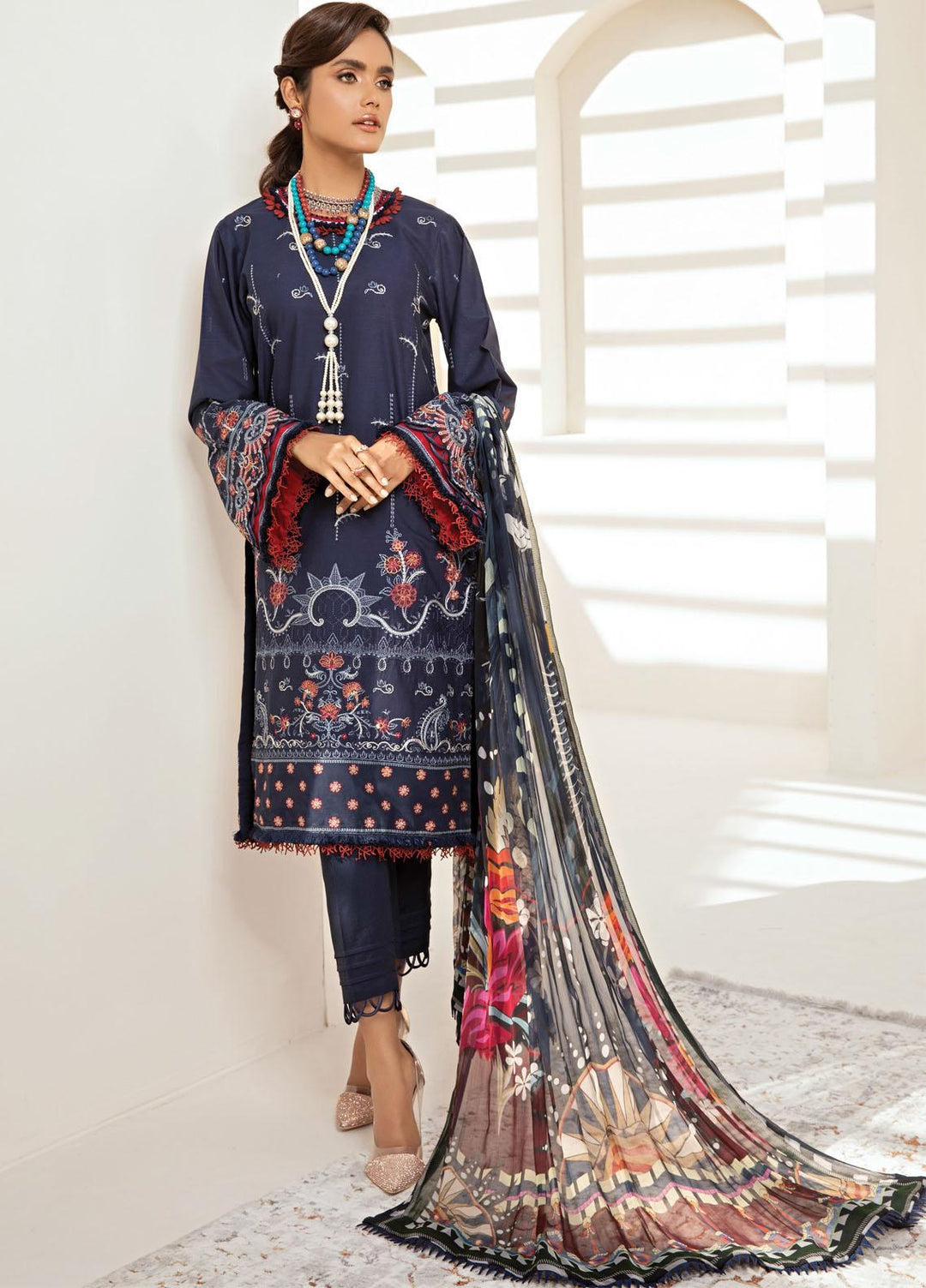 Farasha Embroidered Lawn Suits Unstitched 3 Piece FSH21-L2 01 Navy Romance - Festive Collection