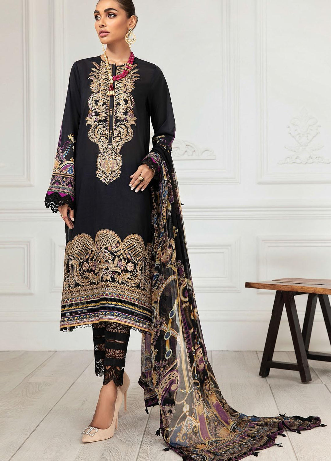 Farasha Embroidered Lawn Suits Unstitched 3 Piece FSH21-L3 02 Black Fresco - Festive Collection