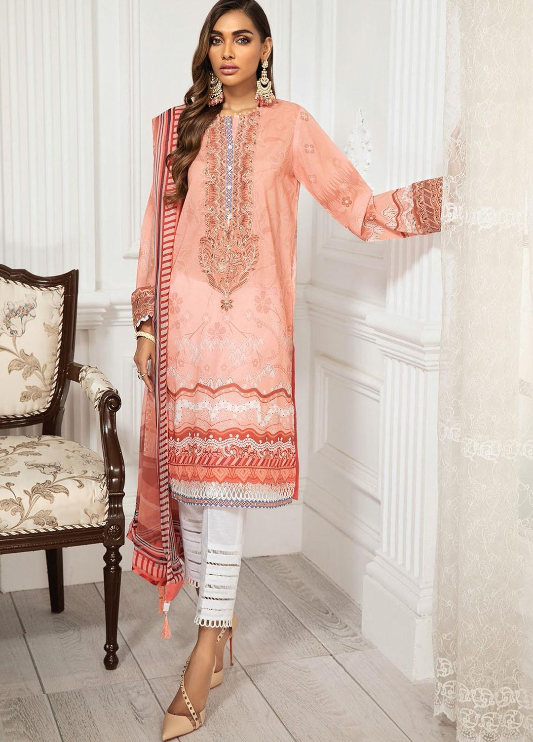 Farasha Embroidered Lawn Suits Unstitched 3 Piece FSH21-L3 04 Peach Peony - Festive Collection