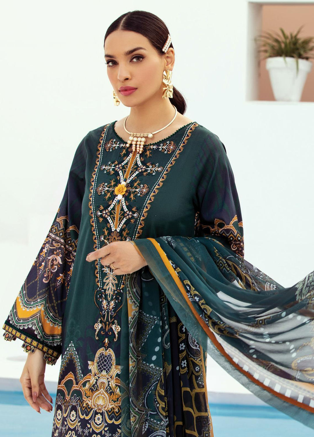 Farasha Embroidered Lawn Suits Unstitched 3 Piece FSH21L 10-EMERALD SPARK - Summer Collection