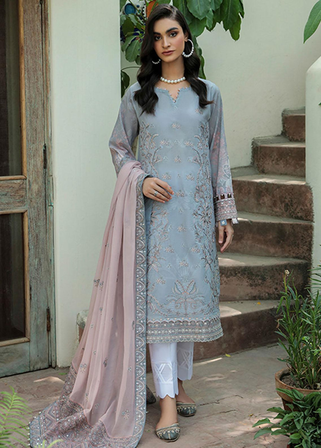 Farasha Embroidered Lawn Suits Unstitched 3 Piece FSH22-L2 02 Misty Grey - Summer Collection