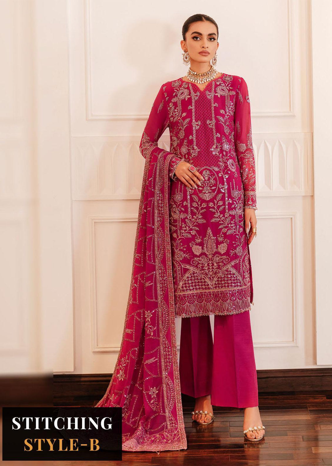 Lueur By Farasha Embroidered Chiffon Suits Unstitched 3 Piece FSH23L 07 Rosette - Luxury Collection