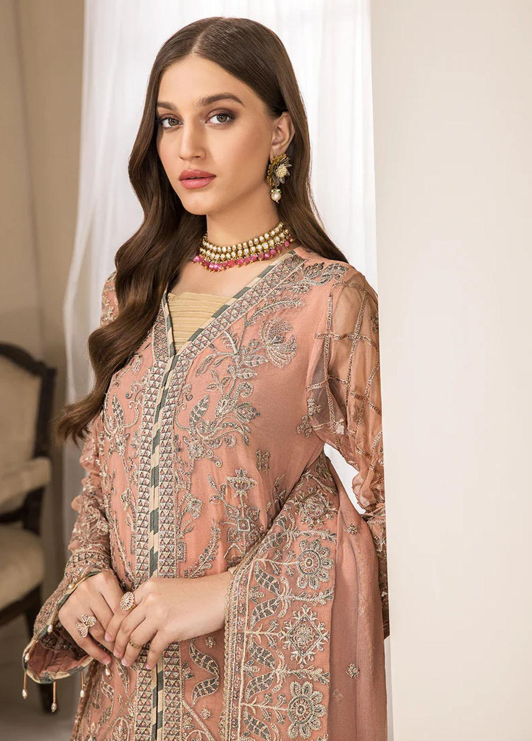 Luxe Atelier By Farasha Embroidered Chiffon Suits Unstitched 3 Piece FSH22LA 07 Celeste - Luxury Collection
