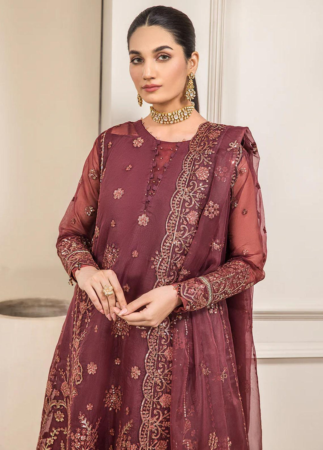 Luxe Atelier By Farasha Embroidered Organza Suits Unstitched 3 Piece FSH22LA 08 Ruby - Luxury Collection