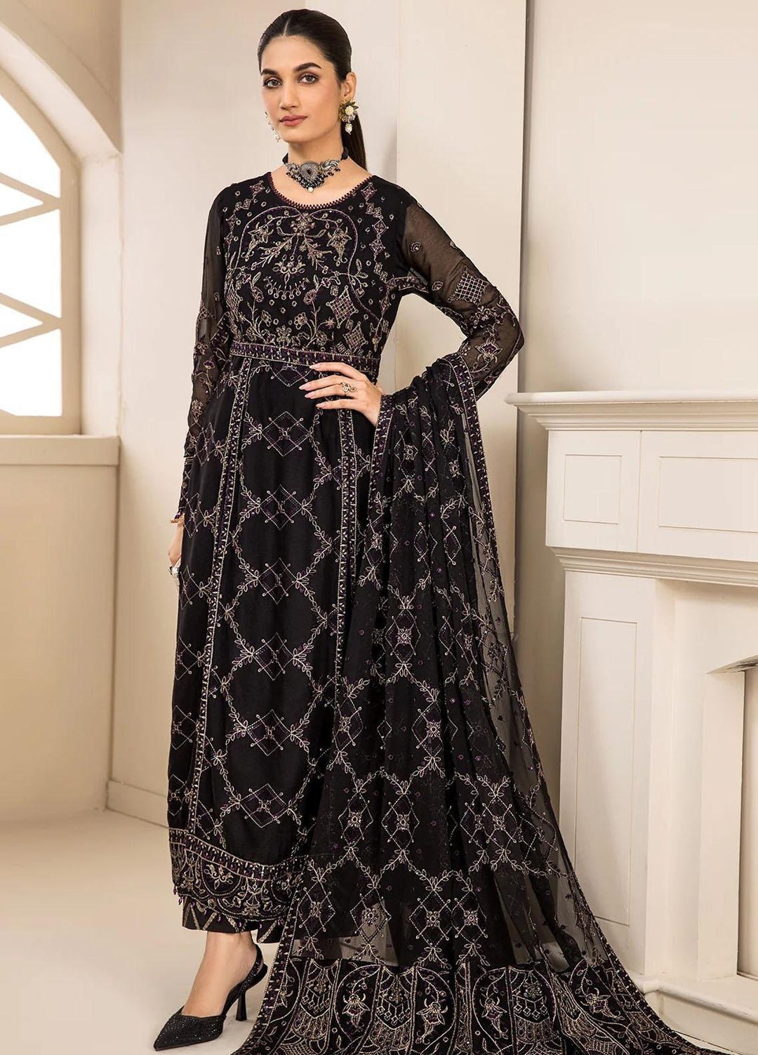Farasha Embroidered Chiffon Suits Unstitched 3 Piece FSH23LA D-01 Gladiolus - Formal Collection