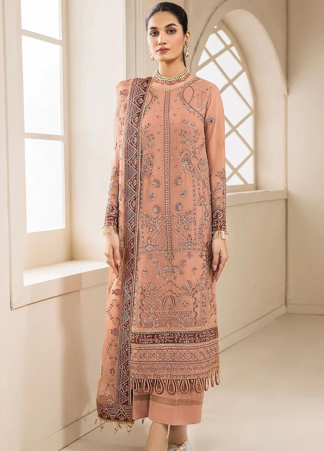 Farasha Embroidered Chiffon Suits Unstitched 3 Piece FSH23LA D-02 Carnelian - Formal Collection