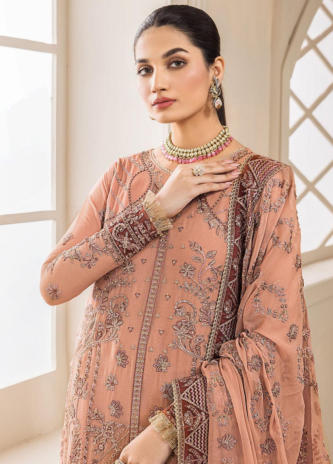 Farasha Embroidered Chiffon Suits Unstitched 3 Piece FSH23LA D-02 Carnelian - Formal Collection