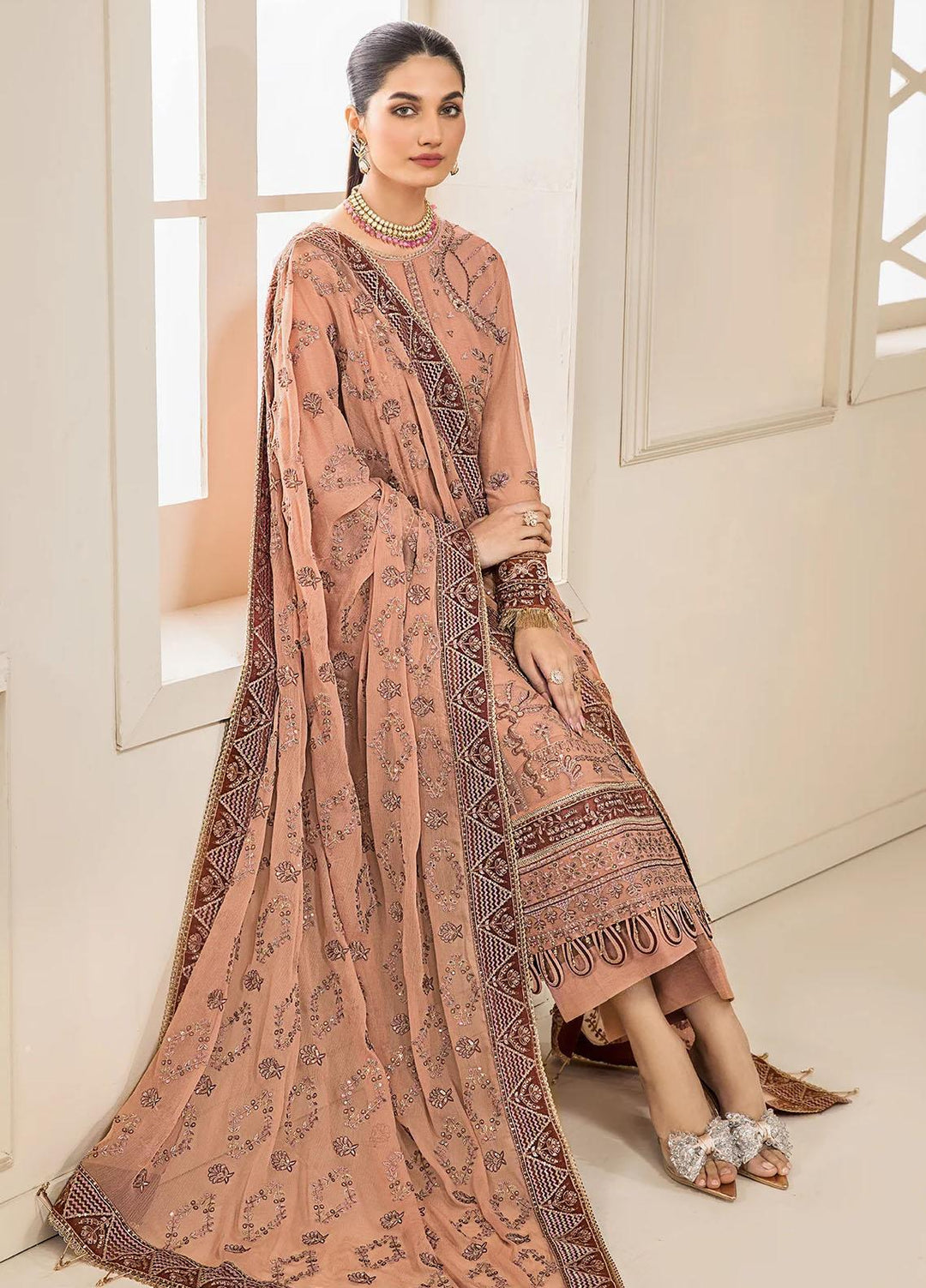 Farasha Embroidered Chiffon Suits Unstitched 3 Piece FSH23LA D-02 Carnelian - Formal Collection