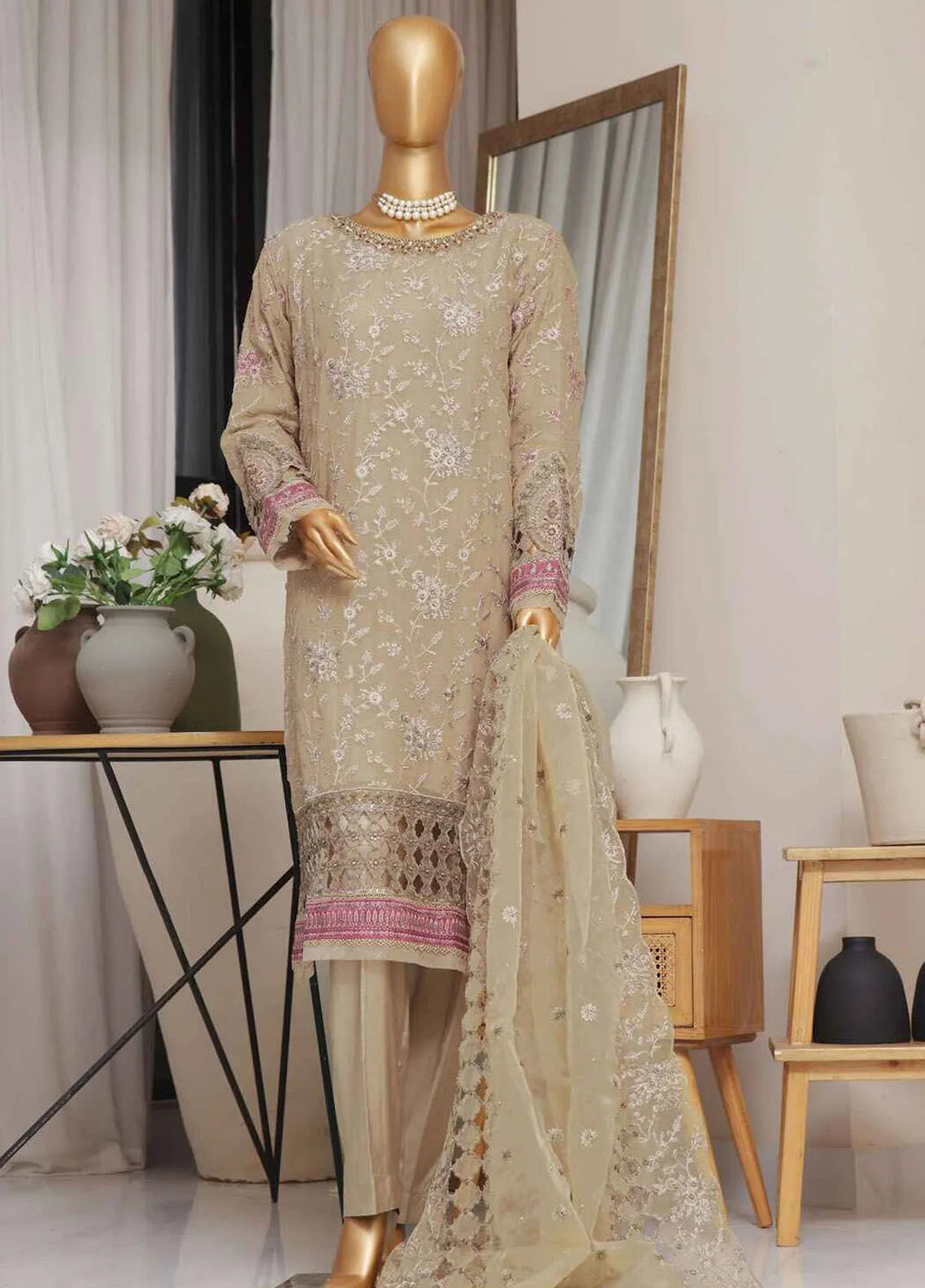 Fasaane By Hz Textiles Pret Embroidered Chiffon 3 Piece Suit HZK-171-Dark Beige