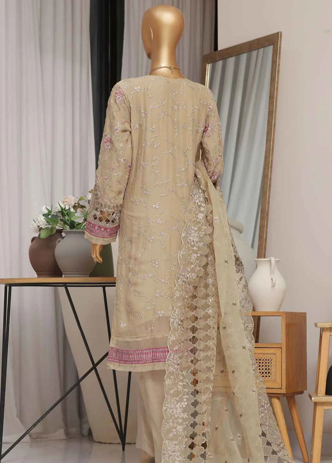 Fasaane By Hz Textiles Pret Embroidered Chiffon 3 Piece Suit HZK-171-Dark Beige