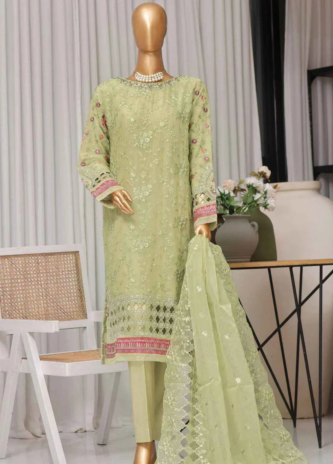 Fasaane By Hz Textiles Pret Embroidered Chiffon 3 Piece Suit HZK-171-Lime Beige